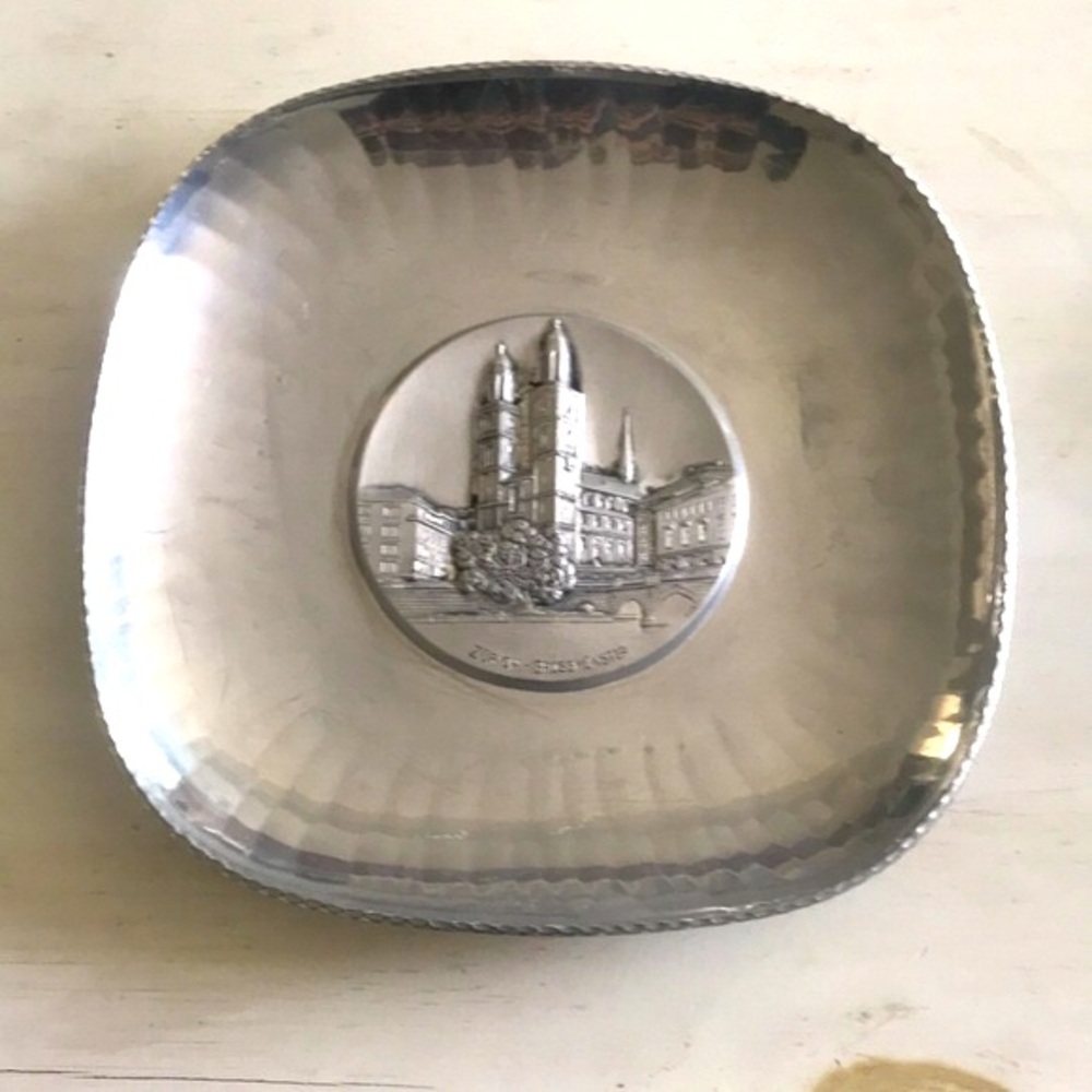 Vintage Zurich Grossmunster Hand Hammered Aluminum Plate Sigg Sigal Switzerland